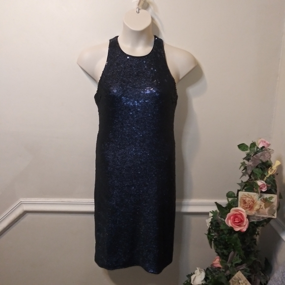 Halston Evening Sexy Bodycon Style Navy Sequinned Cocktail Dress - Picture 3 of 11